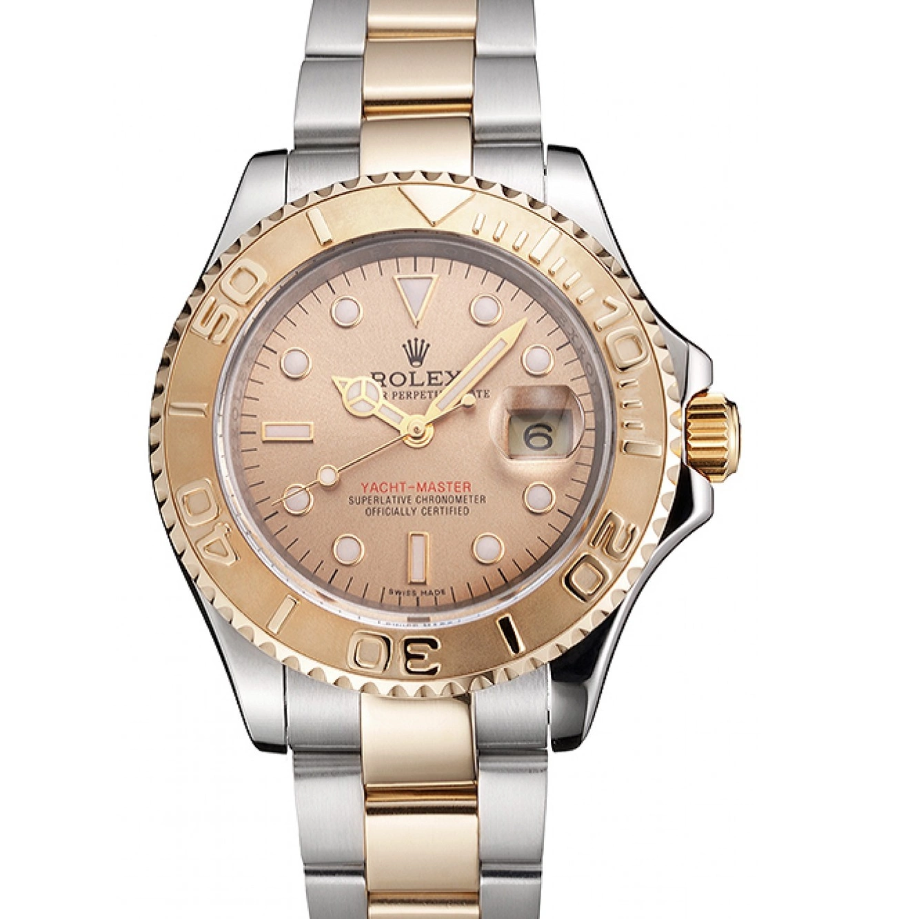 Tone Case Bracelet Gold Bezel Two Yacht-Master Stainless Rolex Swiss Champagne Dial Steel 0717